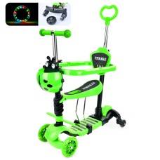 Самокат-біговел «Maxi» 5 в 1 3-колісний на рамі з металопластику, 2 передніх колеса ПУ 116 мм світлодіодні, заднє 100 мм, 2 додаткових колеса по 64 мм, підніжка