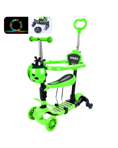 Самокат-біговел «Maxi» 5 в 1 3-колісний на рамі з металопластику, 2 передніх колеса ПУ 116 мм світлодіодні, заднє 100 мм, 2 додаткових колеса по 64 мм, підніжка