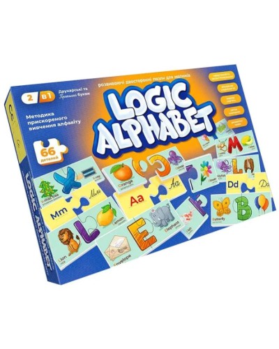Гра настільна «Logic Alphabet» з 66 двосторонніх пазлів з українською та англійською абеткою, у коробці 28х3х19 см, ТМ Данко Тойс