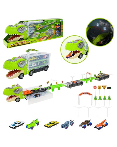 Трейлер-трек «Динозавр» 42 см 2 в 1 із світлом, звуком, дорожніми знаками та 2 металевими машинками, на батарейці, у коробці 42,5х20,2х10,5 см.