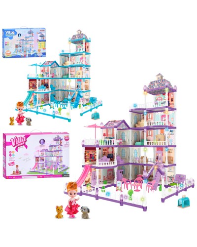 Будиночок 54,5х66,3х78 см 5-поверховий на 340 деталей зі світлом, меблями, лялькою 11см та тваринами, на батарейці, в асортименті, у коробці 48х32х10 см