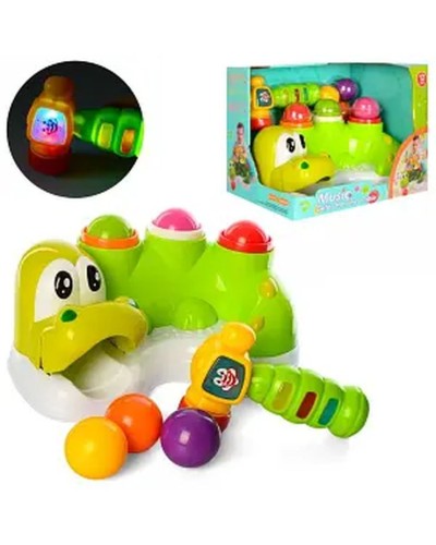 Гра «Веселий крокодил» 28 см музична зі світлом, молоточком та 3 кульками, на батарейках, у коробці 30х23,5х20 см
