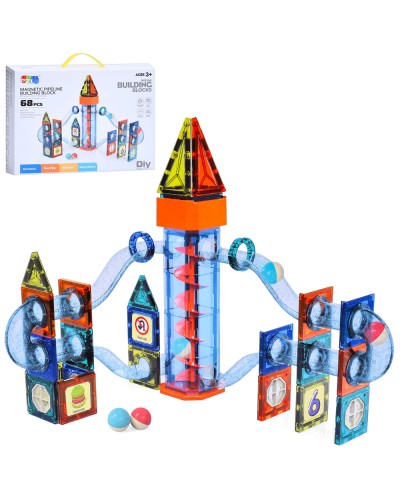 Конструктор магнітний на 68 деталей з 12 кульками, наліпками та ліфтом, на батарейці, у коробці 42х31х7,5 см