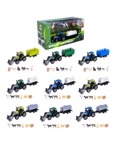 Трактор з причепом інерційний з фігурками тварин, в асортименті, у коробці 29х11,5х15 см