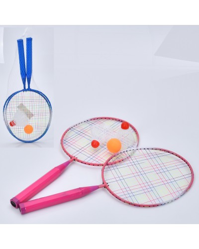 Бадмінтон металевий: 2 ракетки по 45 см, 2 волани та пластиковий м'ячик 4 см, в асортименті, у сітці 20х46х3 см