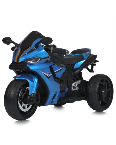 Мотоцикл з 2 моторами по 35W на 1 акумуляторі 12 V 5 AH з музикою, світлом, TF та шкіряним сидінням, блакитний