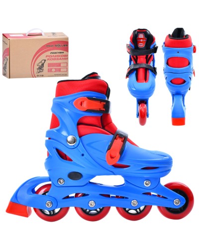 Ролики 35-38 розміру розсувні з колесами ПУ 70 мм зісвітлом, пряжкою, на пластиковій рамі, сині, у коробці 37х27,5х11 см