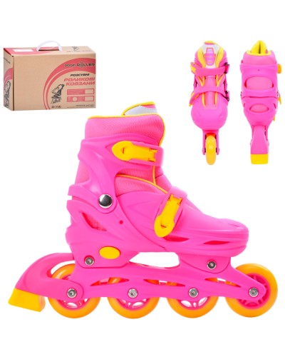 Ролики 35-38 розміру розсувні з колесами ПУ 70 мм зі світлом, пряжкою, на пластиковій рамі, рожеві, у коробці 37х27,5х11 см