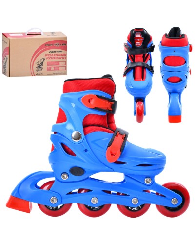 Ролики 31-34 розміру розсувні з колесами ПУ 64 мм зі світлом, пряжкою, на пластиковій рамі, сині, у коробці 34,5х27,5х10 см