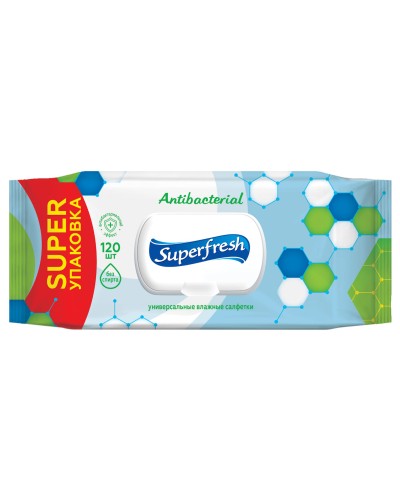 Серветки вологі антибактеріальні в упаковці з клапаном по 120 шт, Superfresh