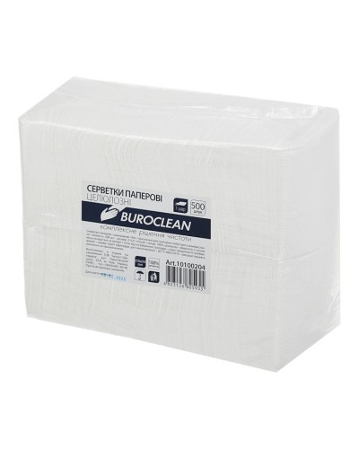 Серветки паперові 500 шт 21х21 см білі в поліетиленовій упаковці, BuroClean
