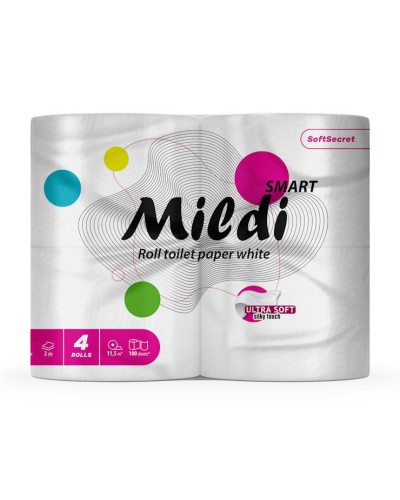 Папір туалетний «Mildi Smart» по 4 рулони на гільзі двошаровий, намотка 11,5 м, білий, Кохавинка