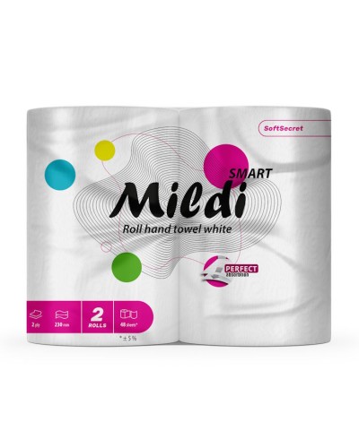 Рушники паперові «Mildi Smart» двошарові на гільзі намотка 12,8 м, білі, по 2 рулони, Кохавинка