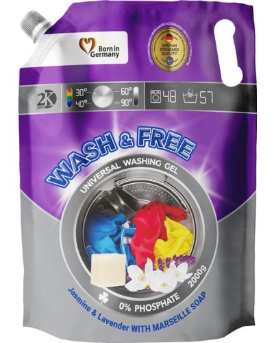 Гель для прання «Universal. Жасмин і лаванда» з марсельським милом, дойпак, 2 л, WASH&FREE
