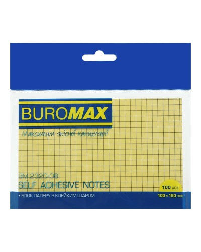 Блок для нотаток з клейким шаром 100х150 мм, 100 аркушів, у клітинку, жовтий