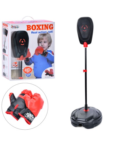 Боксерський набір: подушка 26х16 см на металевій стійці 85-130 см та 2 рукавички по 22 см, у коробці 33,5х40х14,5 см.