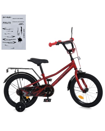 Велосипед «PROF1 PRIME» з колесами 14 дюймів, дзвіночком, ліхтарем, багажником, додатковими колесами червоний.
