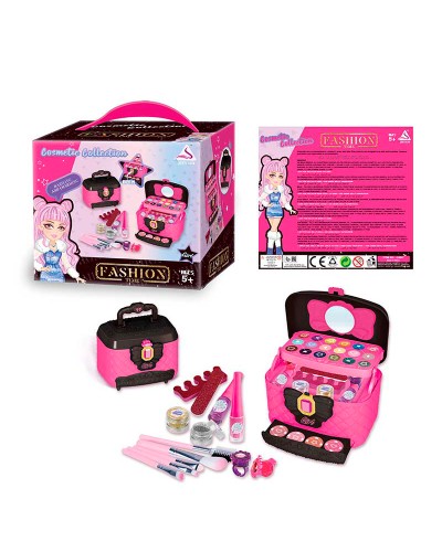 Дитяча косметика «Косметичка»: тіні, рум'яна, пензлики, набір для манікюру, каблучки, у коробці 19х18х15 см