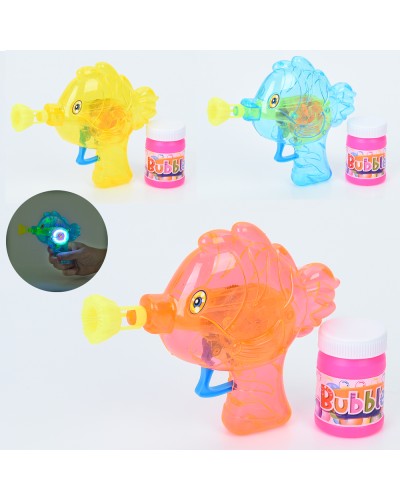 Мильні бульбашки-пістолет «Рибка» 14 см зі світлом та запаскою 6 см, на батарейці, в асортименті, у пакеті 17,5х19х4 см.