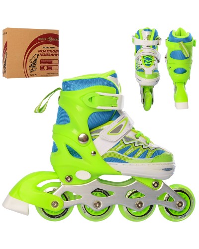 Ролики розміром 31-34 розсувні, шнурівка+пряжка, алюмінієва рама, колеса ПУ 64 мм зі світлом, зелені, у коробці 35х27,5х10,5 см.