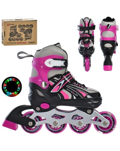 Ролики 31-34 розміру на алюмінієвій рамі, колеса 64 мм ПУ зі світлом, рожеві, у коробці 34,5х27х10,5 см