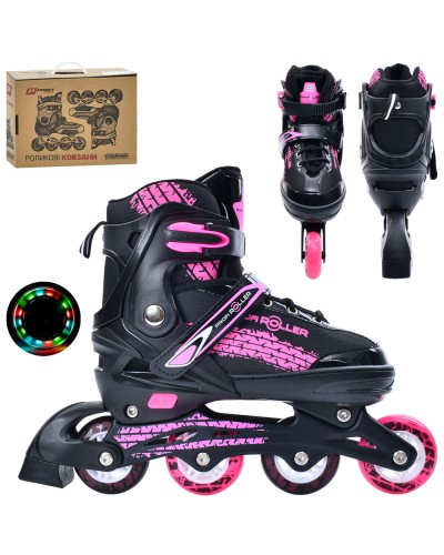 Ролики 39-42 розміру на алюмінієвій рамі зі шнурівкю та баклею, колесами 70 мм ПУ, рожеві, у коробці 40х29,5х11,5 см