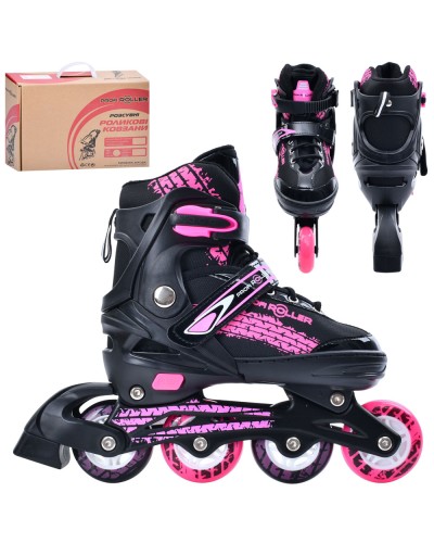 Ролики 35-38 розміру на алюмінієвій рамі зі шнурівкю та баклею, колесами 70 мм ПУ, рожеві, у коробці 37х27,5х11см