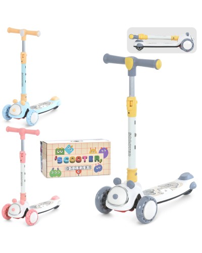 Самокат «Mini» 3-колісний зі світлом на металевій рамі, колеса ПУ, 2 передні 113 мм, заднє 75 мм, кермо 56-69 см, складаний, в асортименті, у коробці.