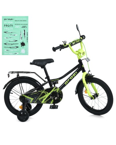 Велосипед «PROF1 PRIME» з колесами 16 дюймів, дзвінком, ліхтарем, багажником та додатковими колесами, чорно-салатовий
