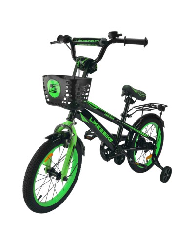 Велосипед «Like2bike Dark Ride» 2-колісний на сталевій рамі з колесами 16 дюймів, дзвіночком, ручним гальмом, чорно-зелений