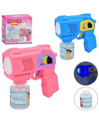 Мильні бульбашки «Пістолет» 14,5 см зі світлом та запаскою 7 см, на батарейці, в асортименті, у коробці 14,5x15x6,5 см.