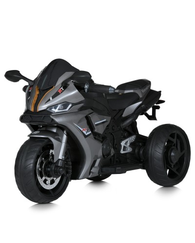 Мотоцикл на акумуляторі 12 V 5 AH з 2 моторами 35W музичний зі світлом, MP3, TF, USB, BLUETOOTH, колесами з EVA, шкіряним сидінням, сріблястий.