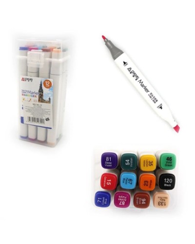 Набір скетч маркерів на 12 кольорів двосторонніх зі кругл/скошеним наконечником, у пластиковому футлярі, ТМ J.Otten