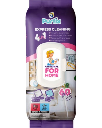 Вологі серветки «Purfix» універсальні для прибирання, 60 шт в упаковці