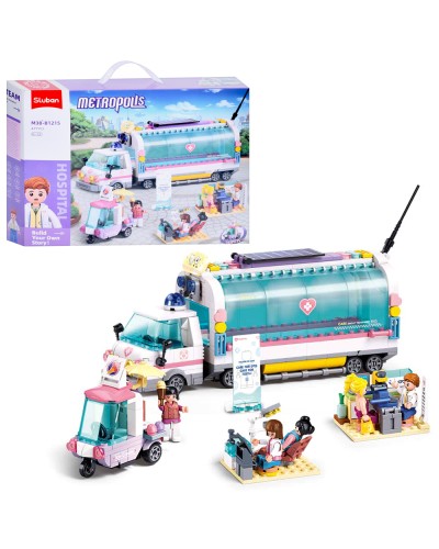 Конструктор «Рожева серія. Лікарня на колесах. Кафе-морозиво на колесах» на 477 деталей з фігурками, в коробці 42,5х33х7 см, SLUBAN