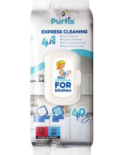 Вологі серветки «Purfix» універсальні для прибирання кухонних поверхонь 60 шт в упаовці