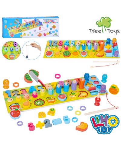Багатофункціональна дошка «Фруктова математика» дерев`яна: ігрове поле 44,5х15 см, цифри від 1до10, математичні знаки, різнокольорові кільця, фрукти-пазли, у коробці 46х16х5 см