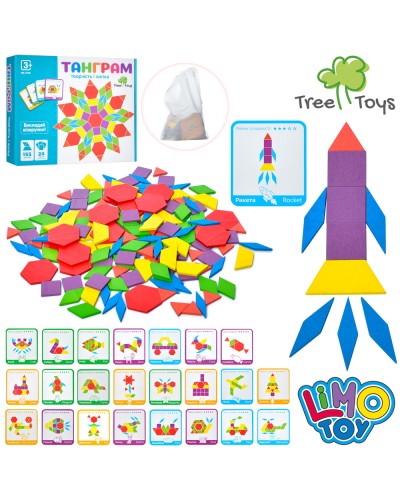 Танграм з 155 дерев`яних з багатокутників та блоків і картонних карток, у коробці 25х21,5х4 см