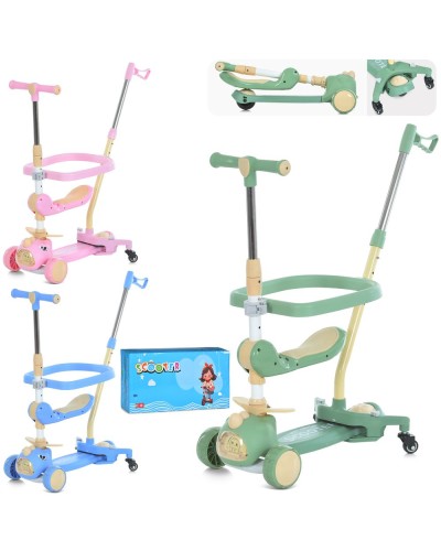 Самокат-біговел 5 в 1 3-колісний на металопластиковій рамі, 2 передніх ПУ 110 мм зі світлом, заднє ПВХ 85 мм, з баьківською ручкою, в асортименті