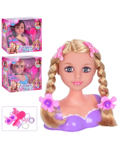 Манекен для зачісок 18 см з гребінцем, шпильками, гумками для волосся, у коробці 30х26х13 см