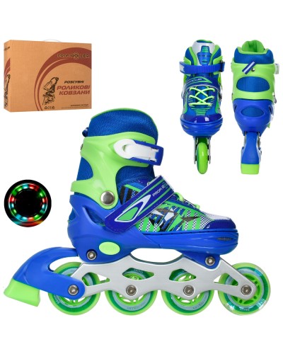 Ролики 31-34 розміру розсувні зі шнурівкою та застібкою на алюмінієваій рамі з колесами ПУ 64 мм, сині, у коробці