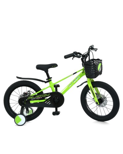 Велосипед «PROF1 NEON GREEN Flash» 2-колісний на магнієвій рамі з колесами діаметром 16 дюймів, кошиком, додатковими колесами, зелений