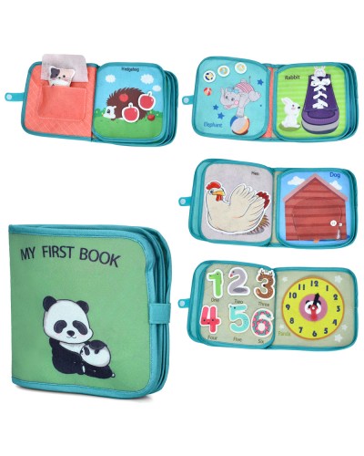 Книжка 20х21х4 см навчальна з деталями на липучках, шнурівкою, годинником та англійськими словами, у пакеті 21х23х4 см.