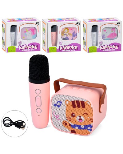 Мікрофон 13,5 см та колонка 7,5 см на акумуляторі з USB, Bluetooth, слота для TF-карти, в асортименті, у коробці 17,5х16,5х7,5 см.