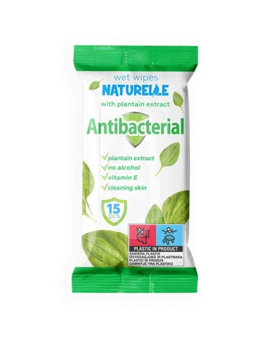 Вологі серветки «NATURELLE» антибактеріальні з подорожником, 15 шт.
