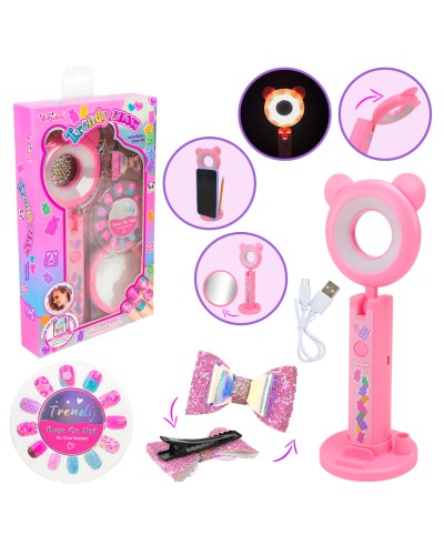 Косметичний столик: лампа з USB, наліпки на нігті, дзеркало та аксесуари, у коробці 15,5х4х26 см