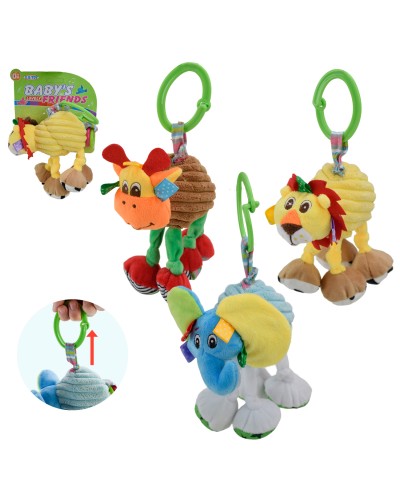 Підвіска-брязкальце на ліжечко чи візочок з тактильними частинами, в асортименті, на планшетці 14,5х14,5 см