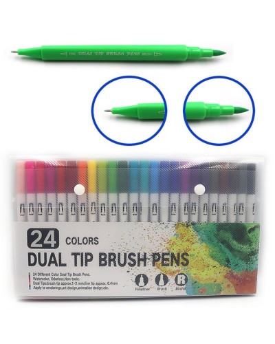 Набір лінерів-пензелів на 24 кольори двосторонніх на водній основі, пензель 2 мм, лінер 0,4 мм