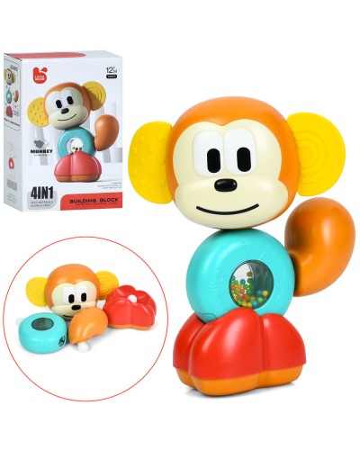 Брязкальце «Мавпочка» 18 см 4 в 1: конструктор, прорізувач, пищалка та текстурні деталі, у коробці 14х20,5х7 см