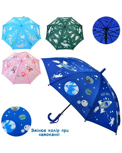 Парасолька дитяча довжиною 67 см з тростиною 62 см, діаметром 88 см, спицею 48 см, змінює колір, в асортименті, у пакеті